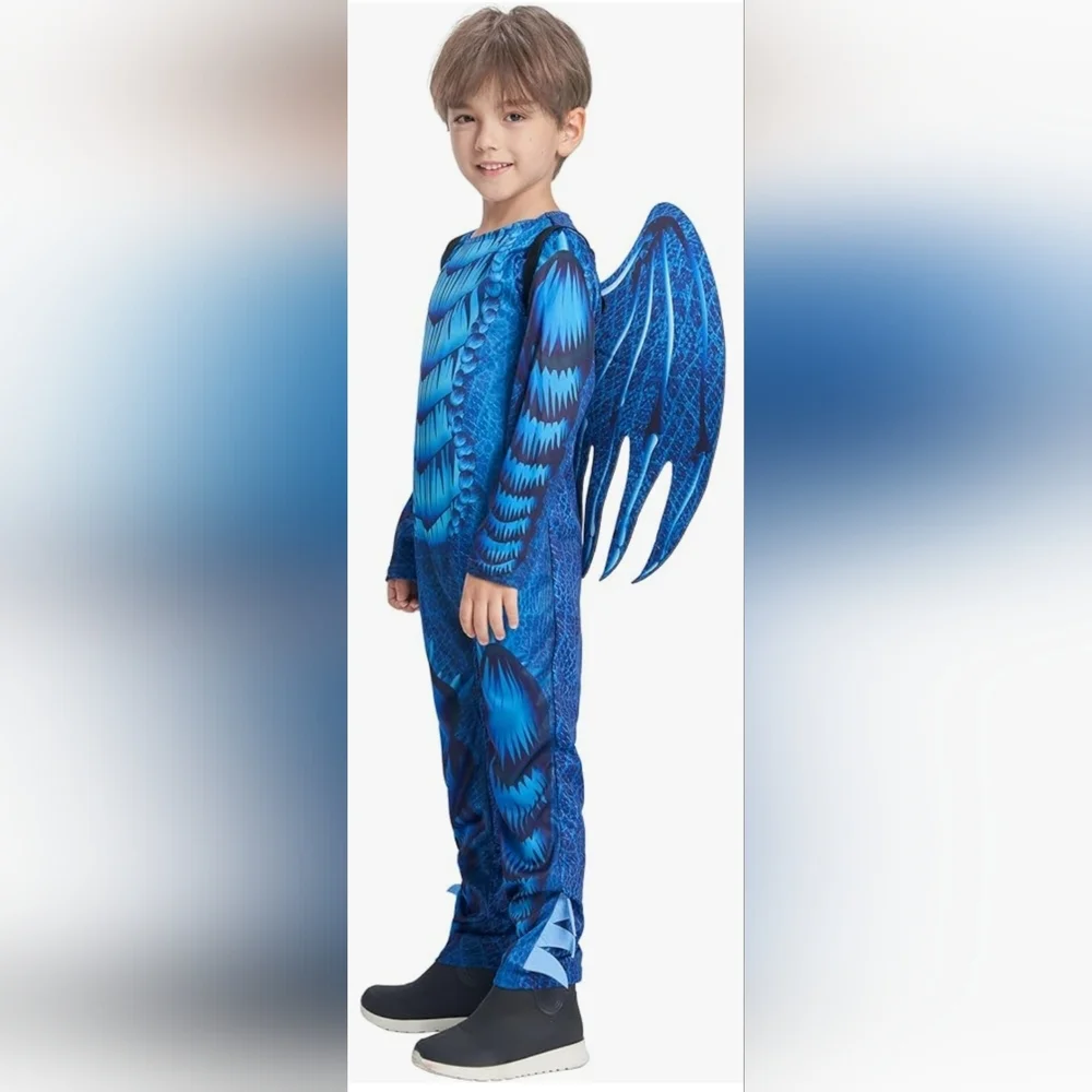 New Kali Blue Dragon Costume Jumpsuit with Wings and Mask